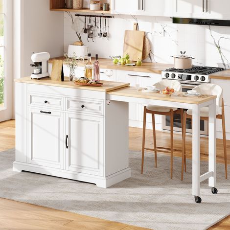 Îlot de cuisine sur roulettes, îlot de cuisine extensible avec coin repas, poubelle et tiroirs, îlot de cuisine mobile et autoportant, idéal pour la cuisine et la salle à manger (blanc) (1/4)