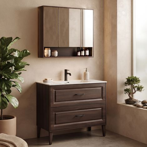Ensemble meuble simple vasque encastrée 100cm et armoire miroir Moka Bois foncé (1/5)