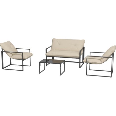 Gartenmöbel-Set 4 Personen mit 2-Sitzer-Sofa, 2 Sesseln und 1 Couchtisch 3 Kissen für Terrasse Garten - schwarzer Stahl, graues Polyester Aosom