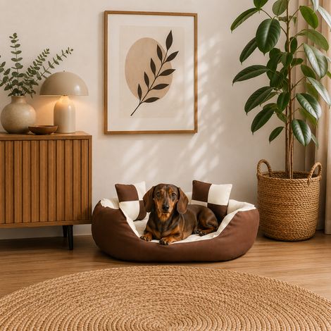 belviona 4-in-1 Hundebett, Hundekörbchen mit Wendekissen, wasserabweisend, tiefer Einstieg & 2 Spielkissen, 65x50 cm, braun/beige (1/5)