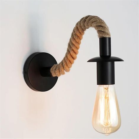 Aplique de pared vintage de cuerda de cáñamo. Lámpara de pared industrial ideal para casquillo E27, 110/220 V (negra). (1/5)