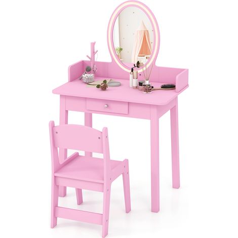 Coiffeuse enfant rose avec miroir LED à 2 couleurs, tiroir et rangement à bijoux, pieds en bois pour chambre et salle de jeu (1/5)