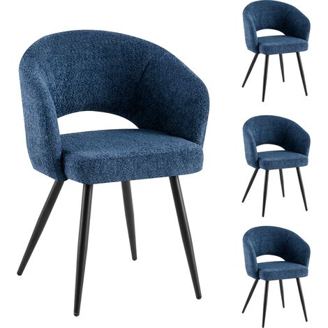 Lot de 4 chaises repas en tissu bouclette bleu – Dimensions 58x53x81 cm – Structure métal noir – Assise confortable