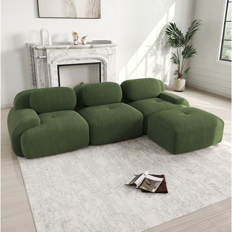 FloraGrace Canape modulaire en corduroy vert, sans montage, mousse 32D, accoudoirs courbes, salon et chambre (1/5)
