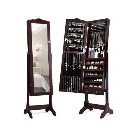 GOPLUS Armoire a Bijoux sur Pied avec Miroir, Meuble a Bijoux de Dessus d’Arc avec 14 Lumieres LED, 6 Etageres de Rangement, Verrouillable en Bois pour Bijoux et Cosmetiques (Brun) (1/2)