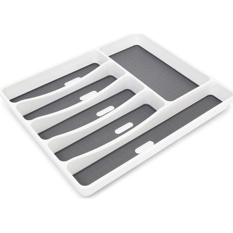 Range-couverts en matière plastique 6 compartiments Rangement tiroir Cuisine 5 x 32,5 x 40,5 cm, couche antidérapante & plots, blanc/ anthracite (1/2)