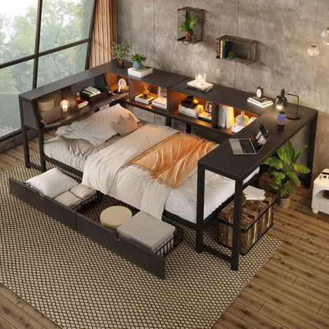Cama individual 90x200 cm negra de MDF y metal con escritorio, LED y cajones (1/5)