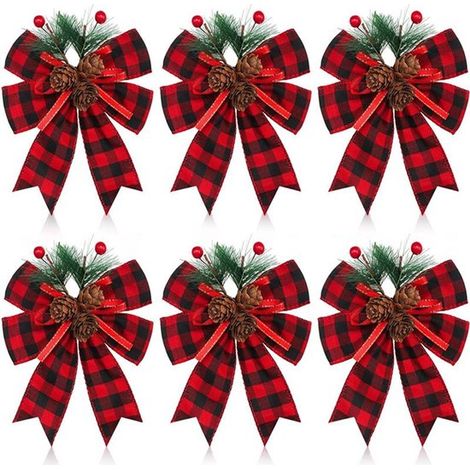 6 nœuds pour sapin de Noël - Nœuds de Noël - Nœuds en ruban de velours rouge - Nœuds en ruban pomme de pin - Décorations de couronne de sapin de Noël rouge/noir (1/5)