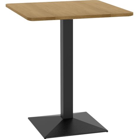 Mesa de comedor cuadrada, marrón oscuro, aspecto de madera, base de acero. (1/5)