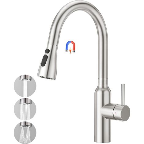 Robinet Évier de Cuisine avec Douchette Extractible, Mitigeur Monocommande de Pulvérisation avec Aimant Rétractable, Brossé (1/5)