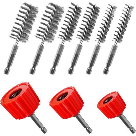 Kupferrohrreiniger-Set zum Bohren, inklusive 3 Rohrreinigungsbürsten (1/2", 3/4", 1") und 6 Edelstahl-Drahtbürsten für Bohrmaschinen, Kupferrohrreiniger-Set (1/5)
