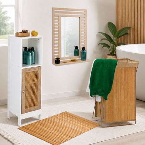 Badezimmer-Set im Vintage-Bambus-Stil (4-teilig) – Spiegel aus Walnussholz, Rattanschrank, Badematte und Wäschekorb (1/5)