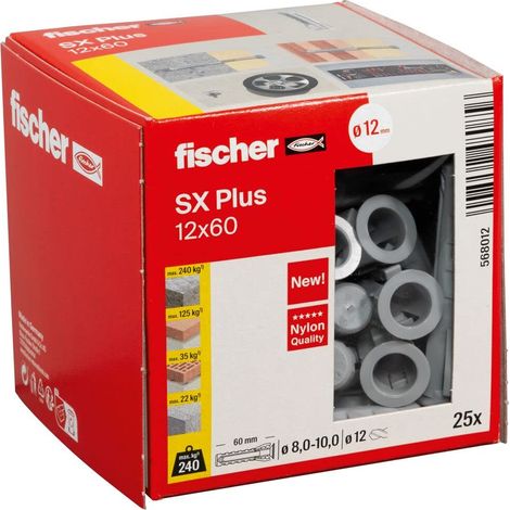 Cheville nylon à expansion SX Plus 12x60 avec collerette, tous matériaux/Boite de 25 (1/5)