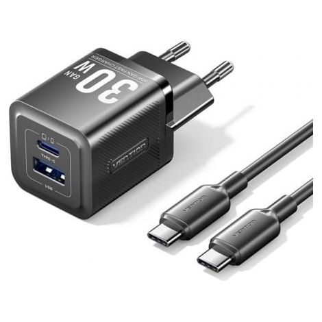 Cargador Gan de Pared Vention TZ-FEQB0-EU-01/ 1xUSB Tipo-C/ 1xUSB + Cable USB Tipo-C/ 30W