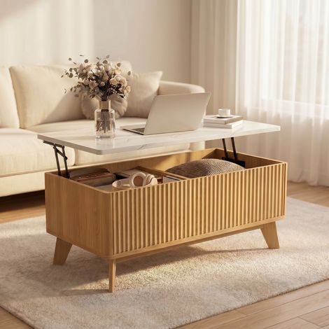 Table basse relevable effet marbre blanc - design scandinave 105x53×42cm - table de salon， grand coffre de rangement - pieds en bois naturel (1/5)