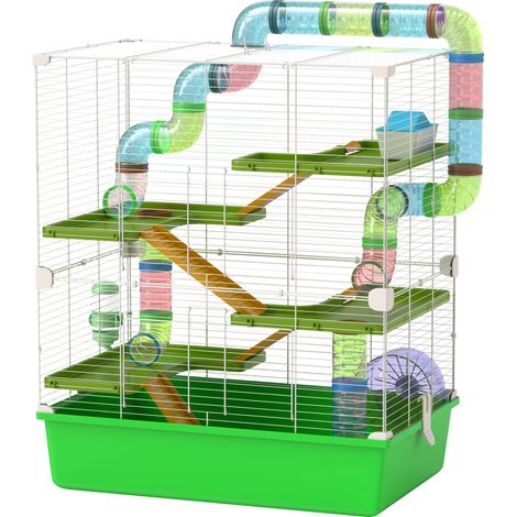 Grande cage à hamster/rongeur à 5 étages avec tunnels, biberon, roue d'exercice, petite maison et échelles.
