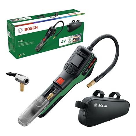 Bosch PNEO Bomba neumática a batería (incl. set de adaptadores de presión, batería de 4V y bolsa para bicicleta)