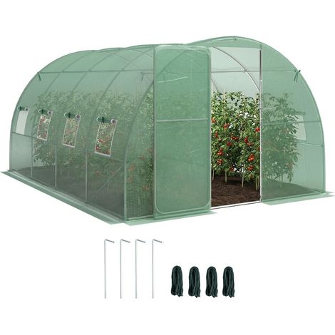 Pour cultures et potager : serre tunnel de jardin 12m² 295x400cm bâche PE 140 g/m², porte et 8 fenêtres (1/5)