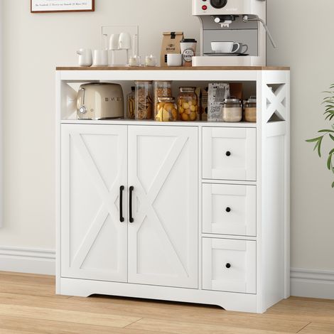 Credenza 100x40x105 cm, 3 cassetti, 2 porte, mensole regolabili, stile scandinavo, per cucina e soggiorno - Bianco