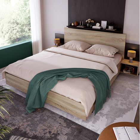 Letto 160x200 con 2 comodini integrati, rete a doghe, rovere Sonoma e grigio scuro HAVRYA (1/5)