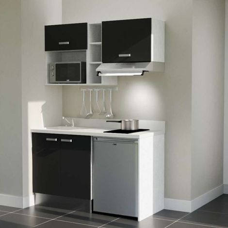 Kitchenette K13L - 140 cm - plan monobloc évier intégré Snova- évier à gauche - Façades Noir + Electroménager inclus coloris Inox (1/5)