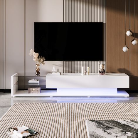 Meuble TV bas avec panneaux en verre blanc brillant, éclairage LED variable, style rustique chic et moderne. (1/5)