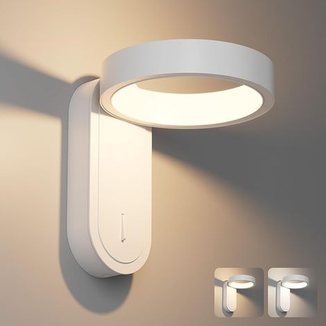 LED Applique murale Interieur, 3000K/4000K Lampe Murale, Luminaires intérieur 330° Orientable, avec interrupteur, pour Chambre Salon Escalier, Lumière Chaude/Naturelle, Blanc, Aluminium, 5W (1/5)