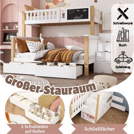 Lit superposé enfant 2 lits, meuble multifonction avec tableau et tiroirs, sans matelas, blanc et chêne clair, 90x200 + 140x200 (1/5)