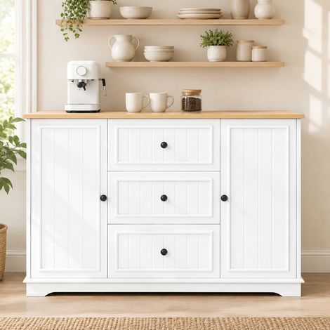Aparador de cocina blanco MDF 3 cajones 2 puertas, 126x40x86 cm-FLORAGRACE (1/5)