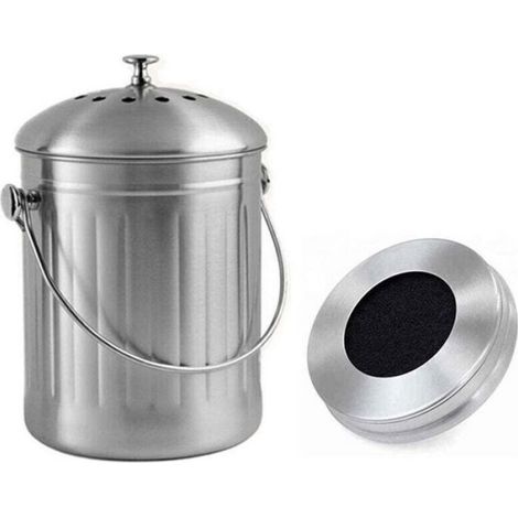 Seau compost inox 5 L – inodore – filtres charbon inclus – brillant (1/4)