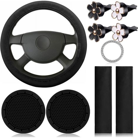 Steering Wheel Cover - Car Accessory Set - For Universal Fit Vehicles - Includes Cover Seat Belt Pad Vent Clip Start Button Sticker - 10 Pieces (1/5)