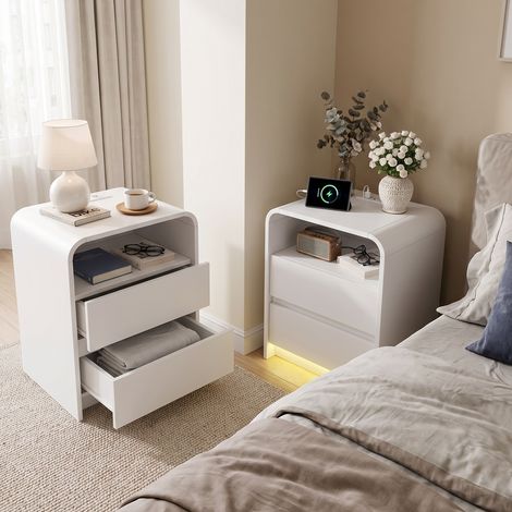 Lot de 2 Tables de chevet avec 2 tiroirs, station de Charge et LED, table de nuit, style Moderne, Blanc (1/5)