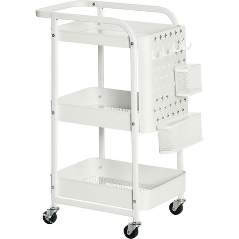 Chariot de cuisine avec panneau perforé, porte-serviettes et paniers de rangement, 51,5 cm x 32 cm x 75,6 cm, blanc