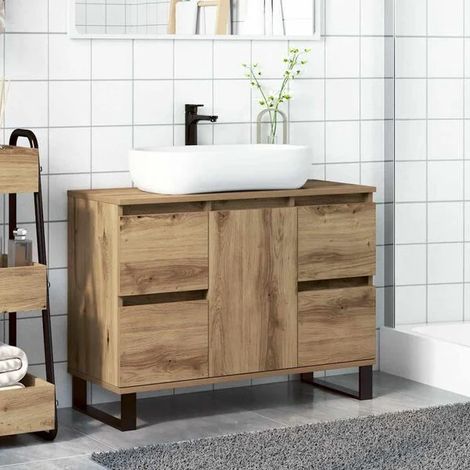 Meuble Vasque de Salle de Bain en Chêne Massif 65x33x60 cm, Console Lavabo Rustique avec Rangements, Design Moderne et Élégant pour WC ou Douche (1/5)