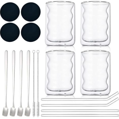 Verres à Café, 4PCS Tasses à Cappuccino Verre 350ml, Tasse à Café Double Paroi, Verres à Latte Macchiato, Expresso Tasse en Verre, Tasses à Latte Macchiato pour Latte, Thé, Glace, Lait, Bière (1/5)