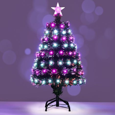COSTWAY Albero di Natale Artificiale Illuminato da 93 cm, Albero di Natale con Fibre Ottiche Multicolore, 96 Luci LED Viola e Bianche, 8 Modalità, 96 Punte di Rami in PVC, Stella sulla Cima, Base Meta (1/5)
