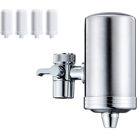 Filtro de agua para grifo de acero inoxidable, filtración de agua del grifo con 4 filtros incluidos, dos formas de drenaje, reduce el cloro y los metales pesados.