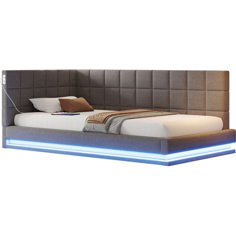 Canapé-lit 90 x 200 cm avec LED multicolore, prise USB, sommier à lattes, tissu effet lin gris, couchage 1 place, matelas non inclus, idéal pour chambre - CHICFURN (1/5)