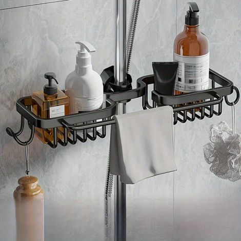 1 support de rangement de salle de bain en aluminium, pas besoin de percer des trous, organisateur de barre de douche avec crochets de rangement (1/5)