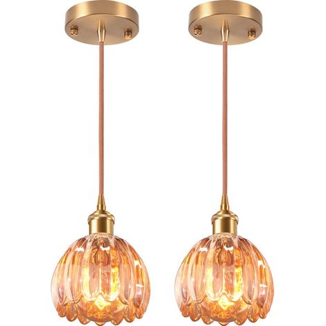 2PCS Suspension Luminaire En Verre Plafonnier D'Intérieur Vintage Lustre Rétro Suspension Moderne En Verre Pour Chambre, Salon, Couloir Ambre (1/5)