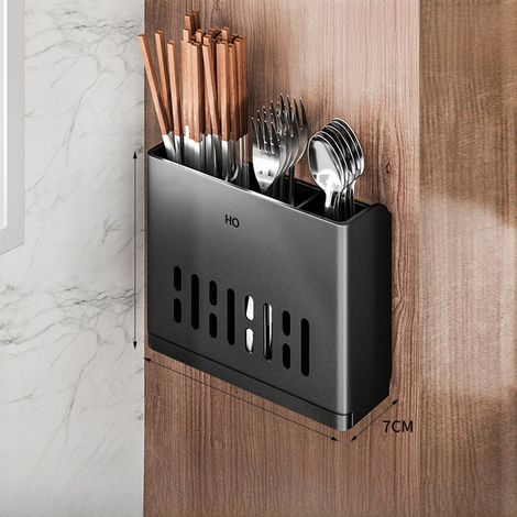 Soporte ligero de pared para palillos, organizador de palillos y escurridor para cucharas, cuchillos y tenedores (Negro, Tres vasos, Sin perforaciones)