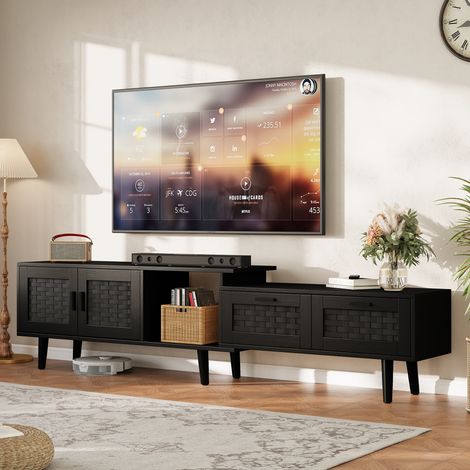 Meuble TV en rotin noir et bois ,Armoire TV de salon, 2 tiroirs, 2 portes, longueur ajustable,MDF,169 x 29.8 x 44 cm