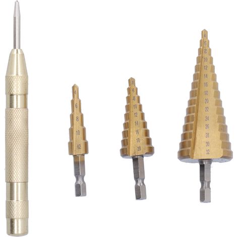 Jeu de 3 forets étagés, métriques professionnels coniques HSS à queue hexagonale en acier rapide, 4-32 mm + poinçon central automatique, forme pagode.