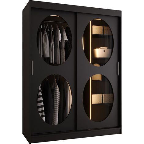 Armario Hartford 527, Negro, 200x150x62cm, Puertas de armario: Correderas, Número de estantes: 5, LED (1/5)