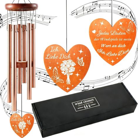 Windspiel Roségold mit Gravur, 6 Rohre, Metall, Geschenk für Frauen