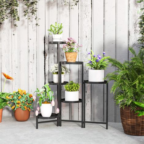 Supporto per vasi da fiori, supporto per piante con 6 ripiani rotondi regolabili, supporto angolare per vasi da fiori, in metallo, nero