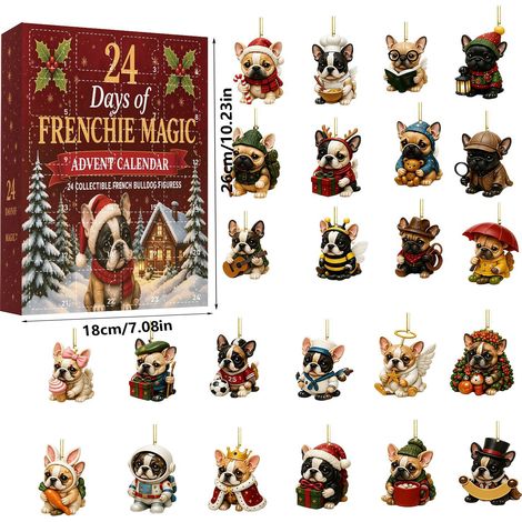 Calendrier de l'Avent 2026 - 24 cases - noir, blanc, rouge - acrylique - dimensions 27 x 19 x 4 cm - Décoration de Noël à suspendre en forme de bouledogue français - idéal pour décorer la maison et le (1/5)