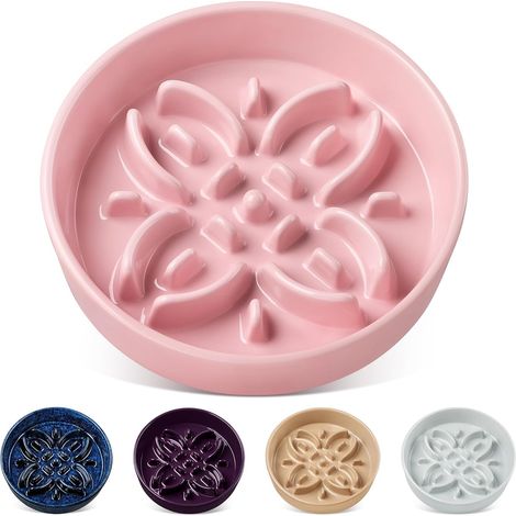 Ceramic Dog Bowls with Floral Maze Non-Slip for Small Breeds, 1.5 Cup Pink (1/5)