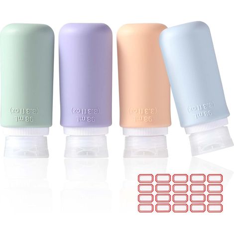 4 fons silicone 98 ml anti-fuite avec autocollants vierges, kit avion pour shampoing, crème ou lotion (1/5)