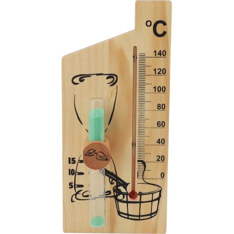 Saunathermometer mit Sanduhrfunktion (15 Minuten), Wandhalterung, Temperaturanzeige 0–140 °C, goldfarbene Holzoptik, Saunazubehör (1/5)